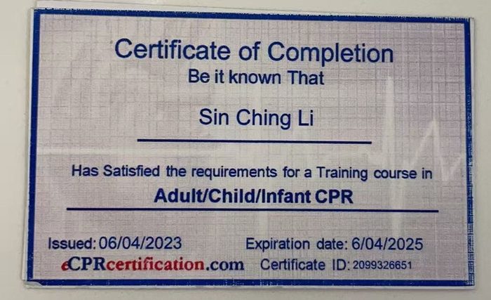 Adult, child and infant CPR certificate of completion issued to Sin Ching Li