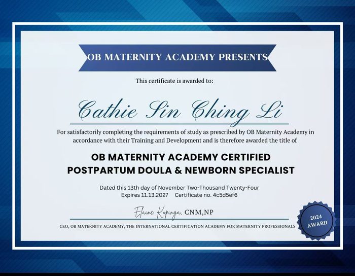 OB Maternity Academy Certified Postpartum Doula and Newborn Specialist certificate issued to Cathie Sin Ching Li